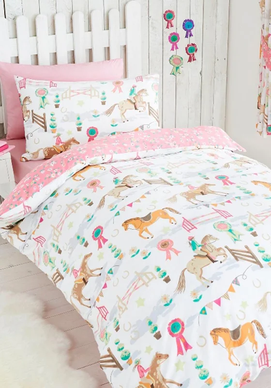 Portfolio Horse Show Duvet Set, White & Pink