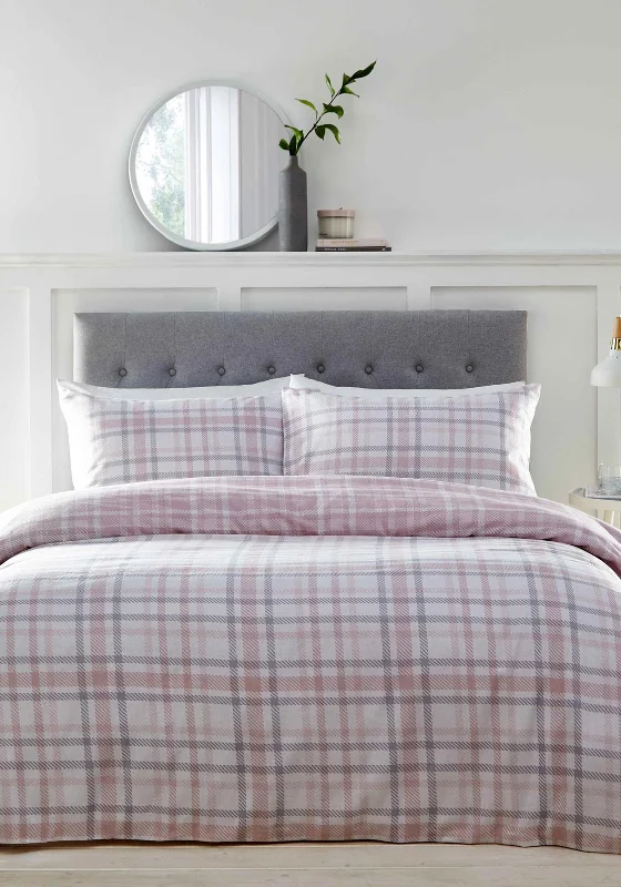 Portfolio Reversible Brushed Cotton Tartan Duvet Set, Blush Pink