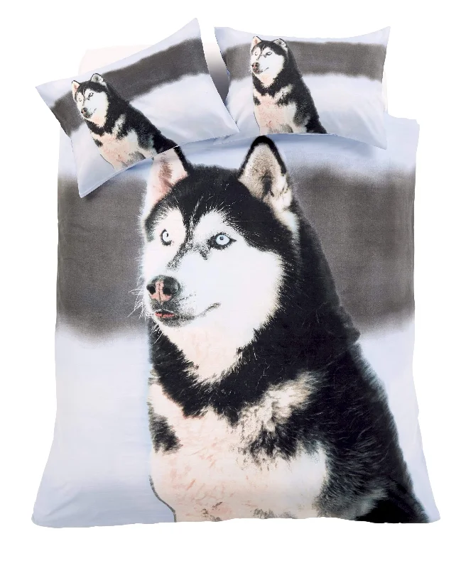 Huskey 3D Photo Panel Duvet Set Cotton-Rich Bedding OEKO-TEX Certified Quilt Cover with Pillowcases in Various Colours and Sizes by OLIVIA ROCCO