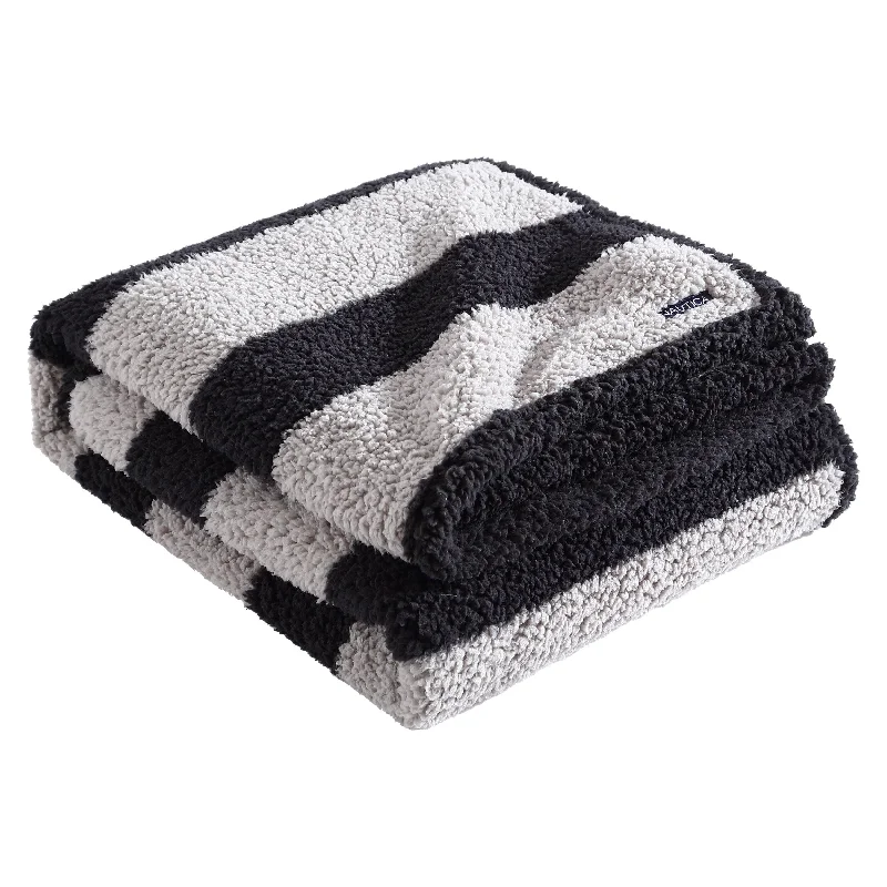 Nautica Lawndale Grey Striped Faux Shearling Throw Blanket