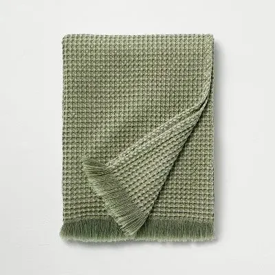 New - Waffle Knit Throw Blanket Washed Green - Hearth & Hand with Magnolia: Cozy Linen & Recycled Polyester, Fringe Detail