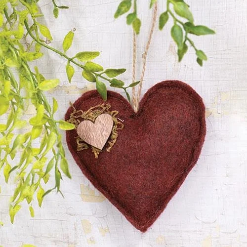 Red Felt Heart Ornament w/Wooden Heart Accent