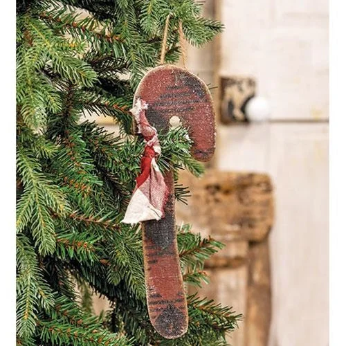 Rustic Wood Red & Black Buffalo Check Candy Cane Ornament Large