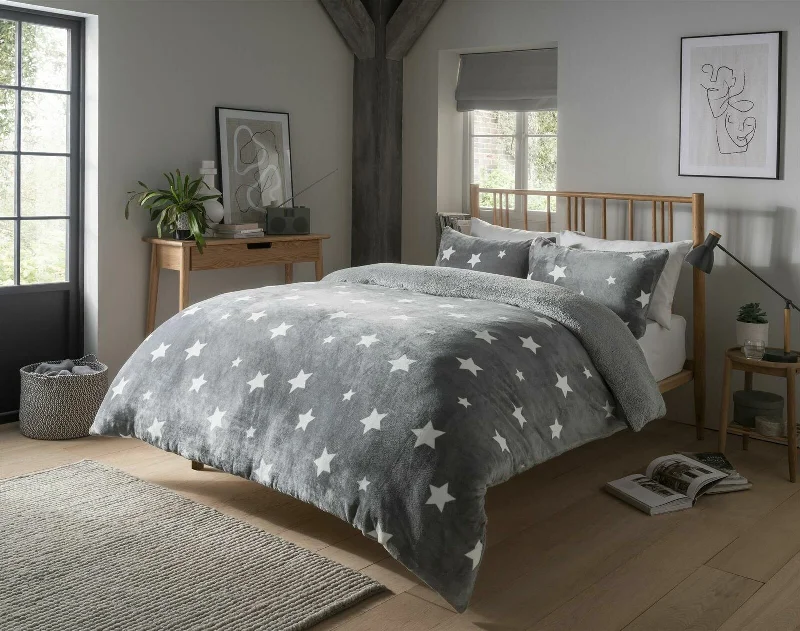 Teddy Fleece Duvet Cover Set Printed Star Stag Quilt Warm Cosy Winter Bedding