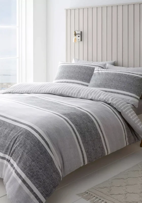 Catherine Lansfield Textured Banded Stripe Duvet Set, Grey