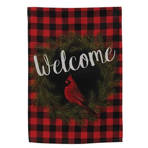 Welcome Cardinal Buffalo Check Garden Flag