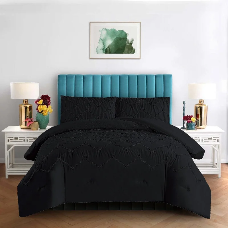 3 PC Chevron Pintuck Full Queen Comforter 92in x 92in 2 Shams Black