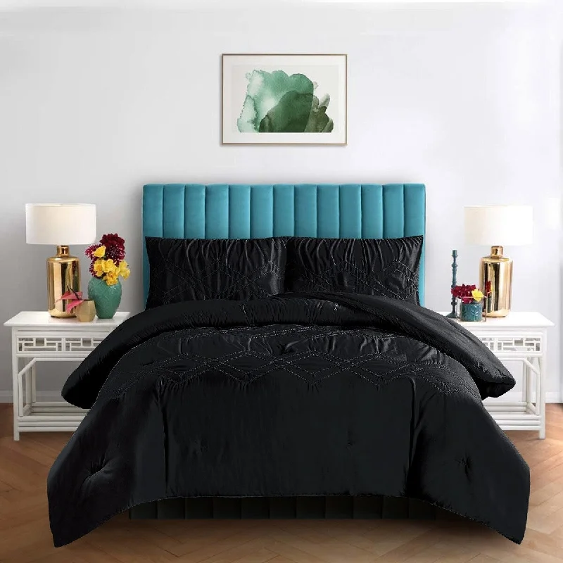 3 PC Stitched Pintuck Full Queen Comforter 92in x 92in 2 Shams Black