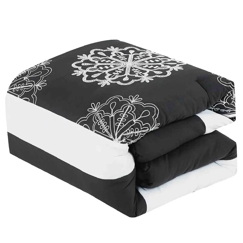 7 Piece Black White Striped Comforter Set Embroidery Soft Bedding