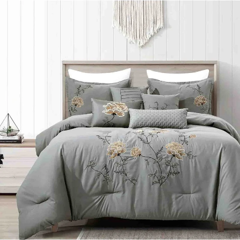 7 Piece Grey Gold Floral Comforter Set Embroidery Soft Bedding