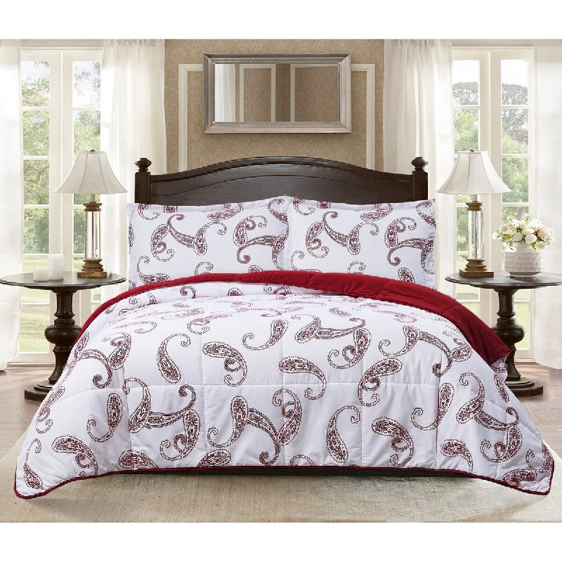 All Seasons Goose Down Alternative Paisley Print 3 Piece Full/Queen Comforter and 2 Sham Set 92"x92" Burgundy