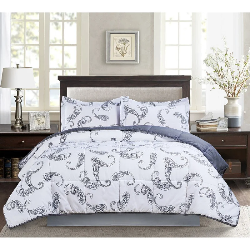 All Seasons Goose Down Alternative Paisley Print 3 Piece Full/Queen Comforter and 2 Sham Set 92x92 Silver