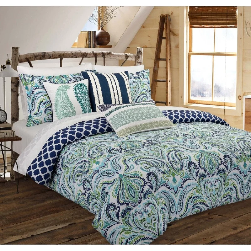 Nouvelle Home Painterly Paisley Blue Cotton Reversible Comforter Set