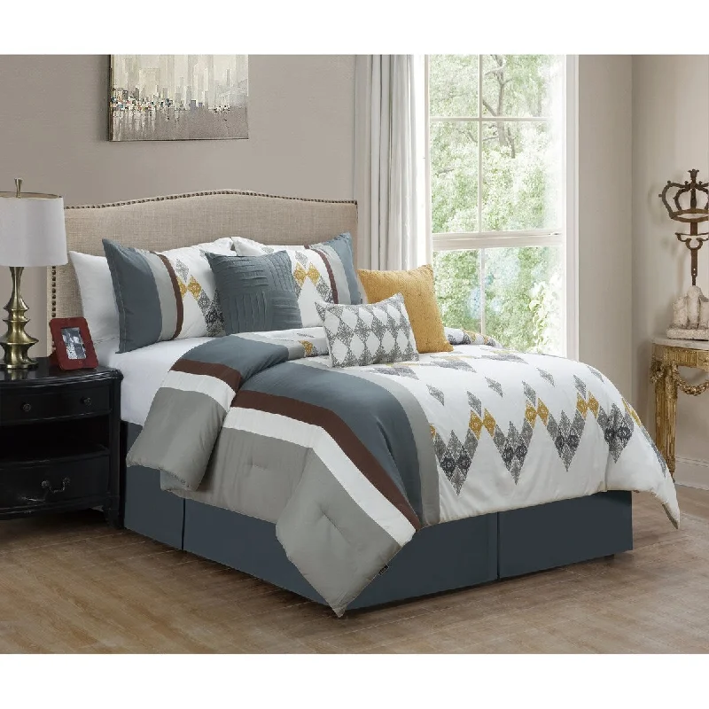 Porch & Den Tamblo White/Grey/Blue Microfiber 7-piece Comforter Set