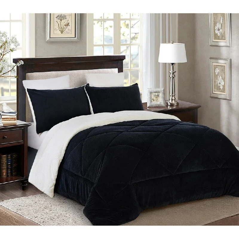 Reversible 3 piece Fleece/Sherpa Down Alternative Comforter set - Full/Queen - Black