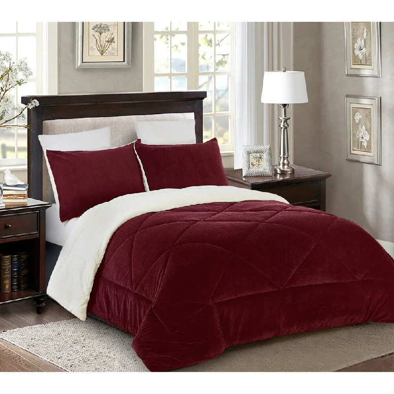 Reversible 3 piece Fleece/Sherpa Down Alternative Comforter set - King - Burgundy