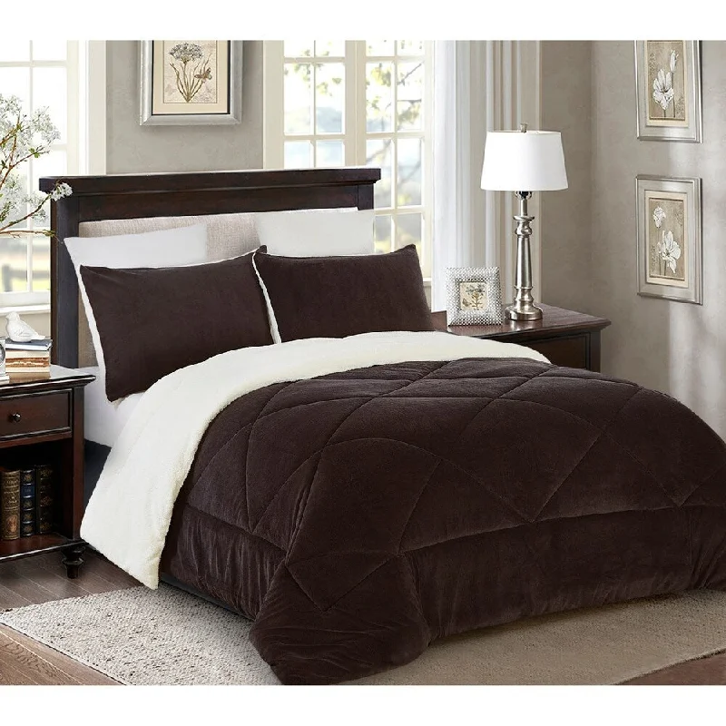 Reversible 3 piece Fleece/Sherpa Down Alternative Comforter set - King- Chocolate