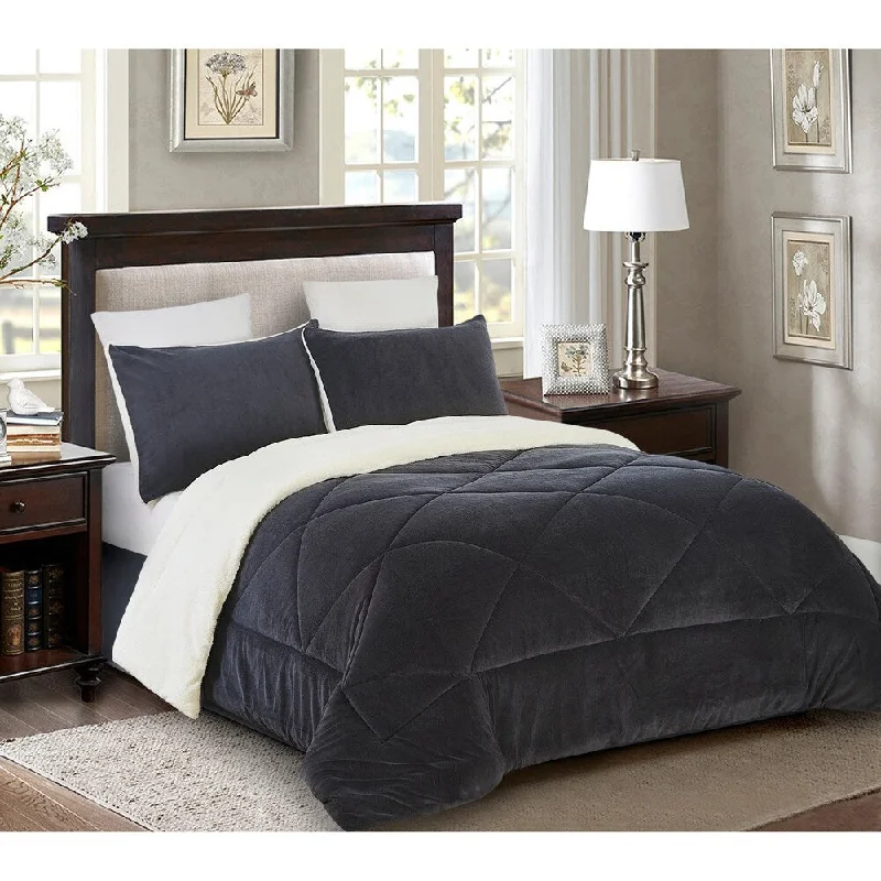 Reversible 3 piece Fleece/Sherpa Down Alternative Comforter set - King - Dark Grey