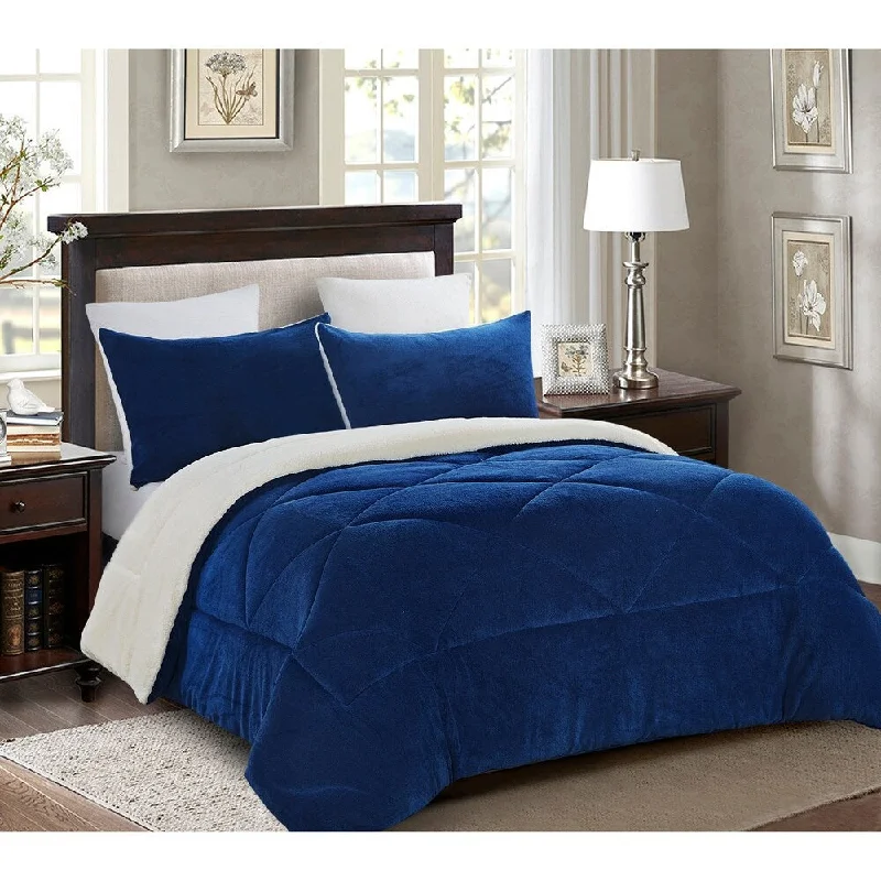 Reversible 3 piece Fleece/Sherpa Down Alternative Comforter set - King - Navy