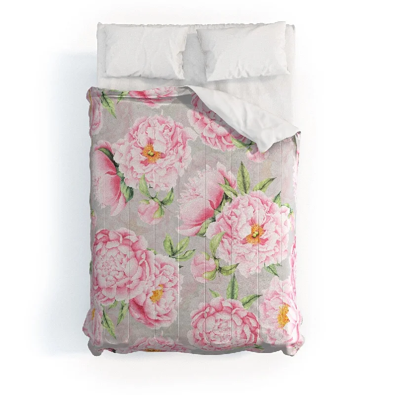 Utart Hygge Blush Pink Peonies Pattern On Gray Made To Order Full Comforter Set